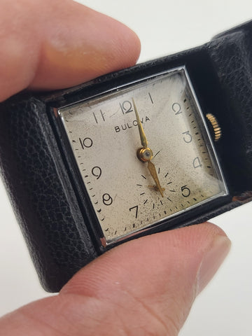 Antique Bulova 10AE In 1937 German Weppler Case Miniature Travel Clock. Works.