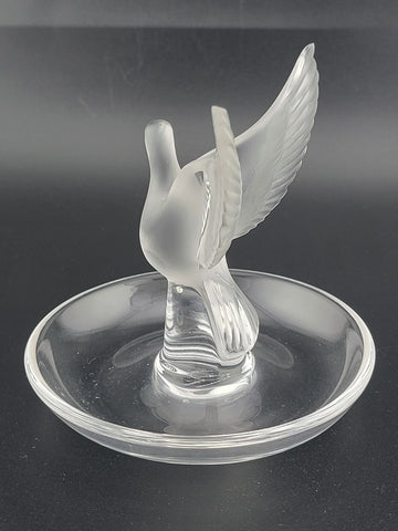 LALIQUE FROSTED CRYSTAL "THALIE" OPEN-WING DOVE RING or PIN TRAY
