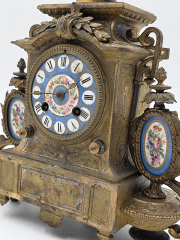 Private: 19th Century Brass & Porcelain Mantel Clock w Eight Day Movement. Works