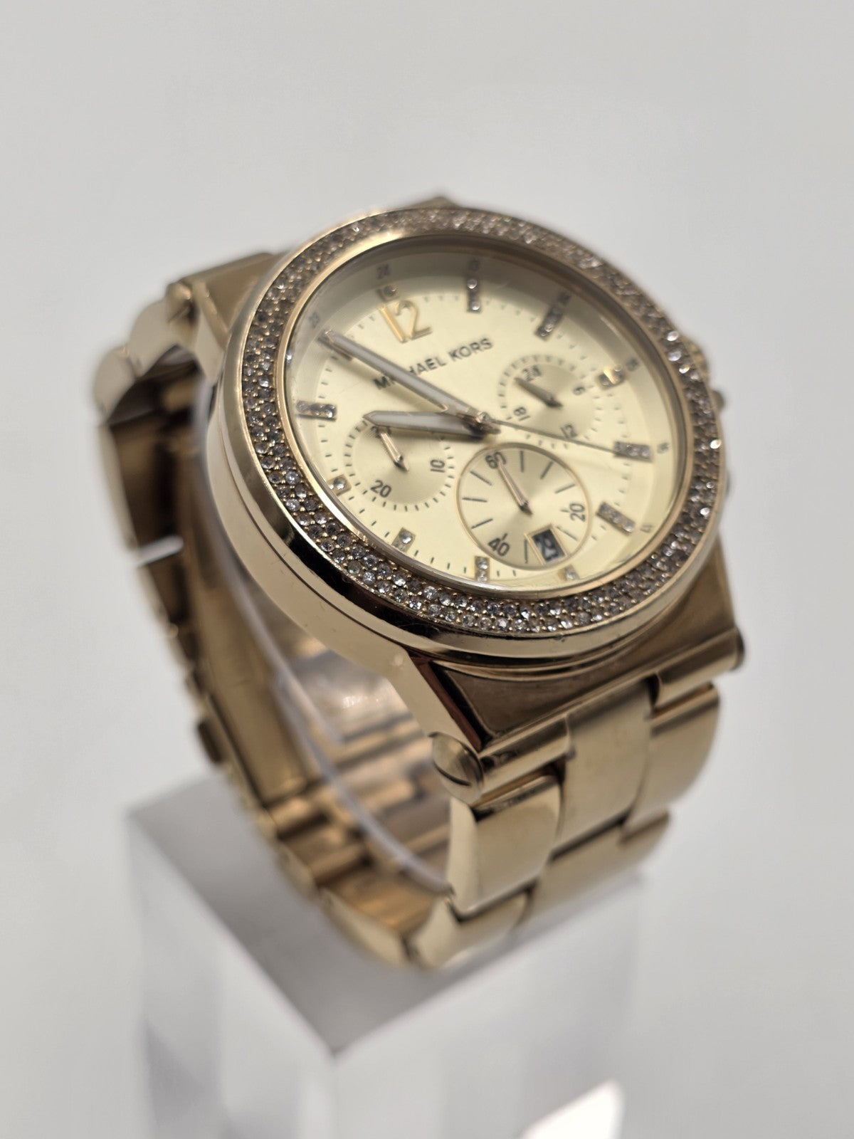 Michael Kors MK5386 Gold Tone Crystal Bezel Chronograph Watch 43mm Date