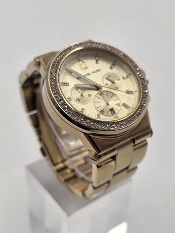 Michael Kors MK5386 Gold Tone Crystal Bezel Chronograph Watch 43mm Date