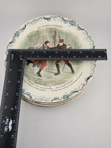 Set Of 6 ANTIQUE FRENCH TERRE DE FER PORCELAIN MILITARY PLATES. 7.5 Inch.