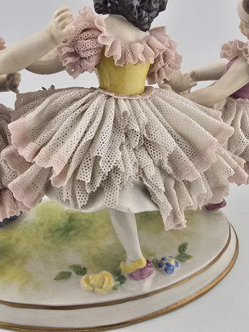 19th C Volkstedt Dresden Lace Porcelain Figurine Trio Ballerina Dancers Germany