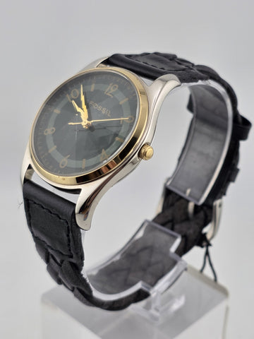 NIB Fossil PC-9626 Gold Tone Black Dial Quartz Watch Leather Strap 36mm