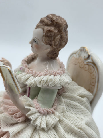 Vintage M.Z. Ireland Dresden Lace Porcelain Figurine Lady Reading Book Seated