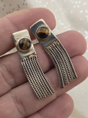 Rare Antique 1930's Sterling 925 Tiger Eye Tassel Drop Earrings Modernist Fringe