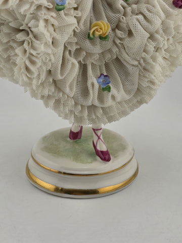 Antique Dresden Lace Porcelain Figurine Lady Dancer Flowers Germany MZ Crown 7”