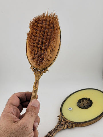 ANTIQUE 19th C Victorian 2-PIECE HANDHELD BRASS MIRROR & BRUSH SET Yellow Enamel