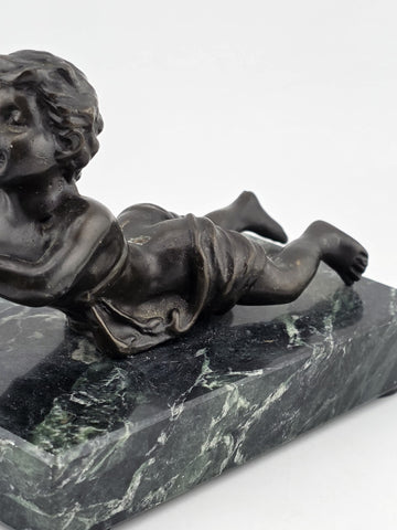 Vintage Small Bronze Child w/ Bird Figurine on Green Marble Pedestal Base Signed