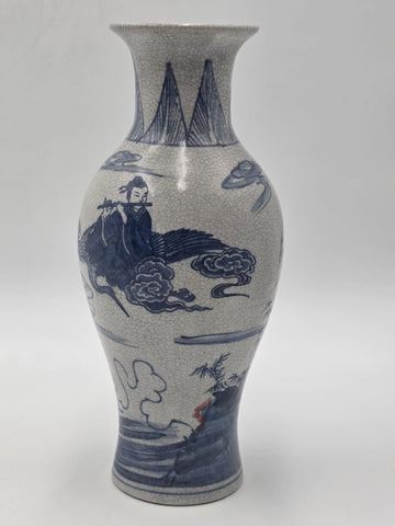 Antique Chinese Blue &White Crackle Glaze Porcelain Vase Immortals Qianlong Mark