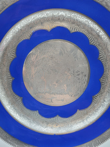 Set of 3 Antique Czech Silver Inlaid Blue Enamel Fairy Plates c.1910 Art Nouveau