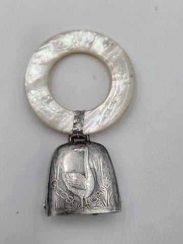 Pair Antique Sterling Silver Mother Of Pearl Baby Teething Rattles Mr Bear Goose