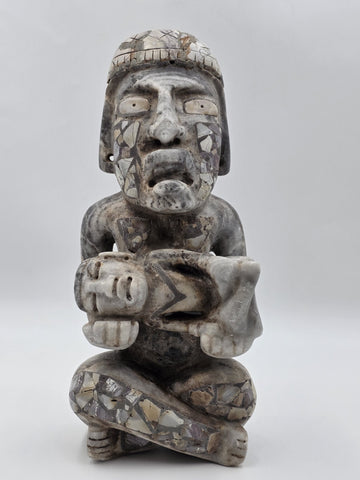 Antique Large Mayan Aztec Style Stone Sculpture Tribal Figure Inlay 15” Statue