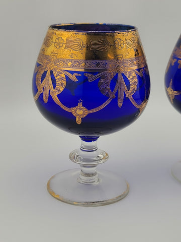 Vintage Arte ltalica Brandy Snifters: Cobalt BlueBlown Glass with Gold