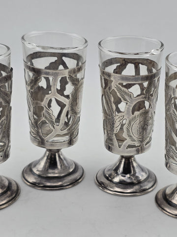 SET Of 4 MID-CENTURY MEXICO STERLING SILVER 3" PIERCED CORDIALS, GLASS LINERS