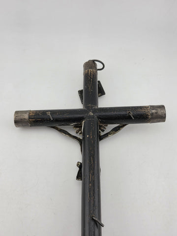 Antique 19th C Crucifix Metal Jesus On Wood Cross W Rare Tips Memento Mori Skull