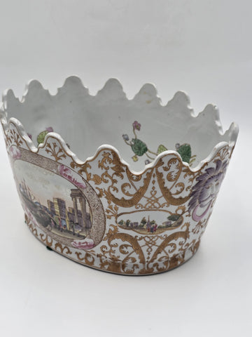 Chinese Export Porcelain Jardiniere C 1920 European Harbor Scene Gilt Cachepot