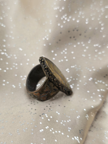 Vintage ABALONE RING OFFSET MARQUIS SILVERTONE 4 LEAF CLOVERS ON BAND SIZE 7