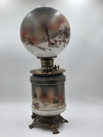 Antique Victorian 1890 Gone With The Wind Lamp Log Cabin Winter Snowy Scenery