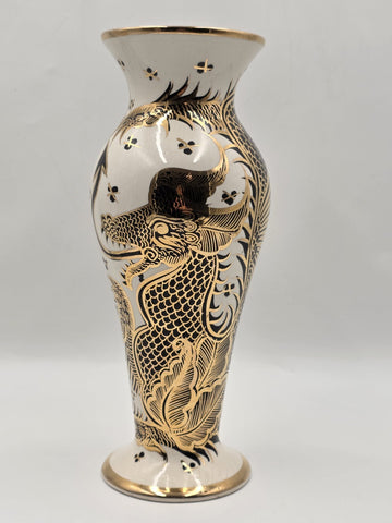 Vintage LOFISA POTTERY VASE 13 1/4" tall Cream w Black & Gold Dragon Theme.