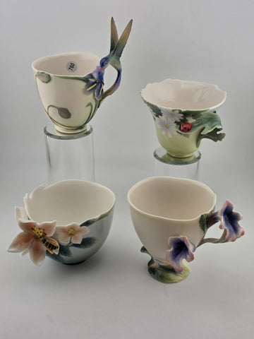 Set Of 4 FRANZ Porcelain Teacup Sculptural Floral Art Cups Hummingbird Ladybug