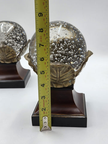 Rare Pair Of Antique Massive 6" Crystal Ball On Brass Leaves Bookends / Decor.