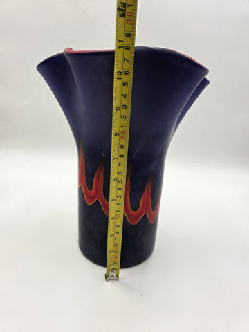 Vtg Azerbaijan Hand-Blown Art Glass Vase 13” Cobalt Red Flame Design Ruffled Top