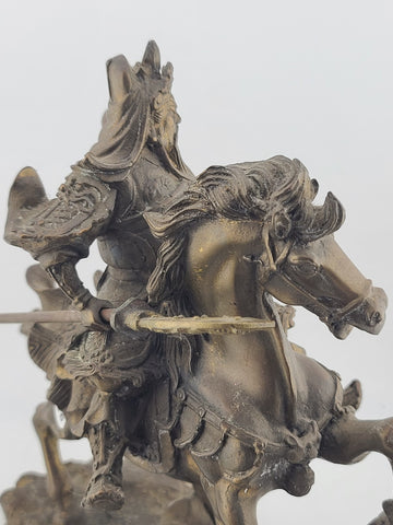 Antique 9" Chinese Ancient Bronze Guan Gong Yu Warrior God Ride Horse Statue