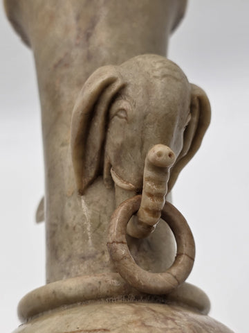 Antique Chinese Carved Hardstone Vase Elephant Ring Handles Stone Stand 12"