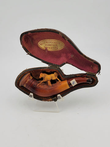 Antique 19th C ECHT German Meerschaum & Amber Pipe Horse Theme W Original Case.