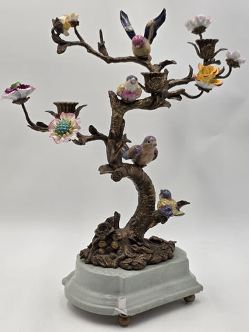 Vintage Celadon Cast Bronze Porcelain Birds Flowers Tree  Candle Holder Figurine
