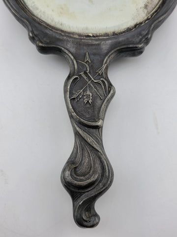Antique Art Nouveau Silver Cupid Cherub Angel Figural Hand-Held Vanity Mirror