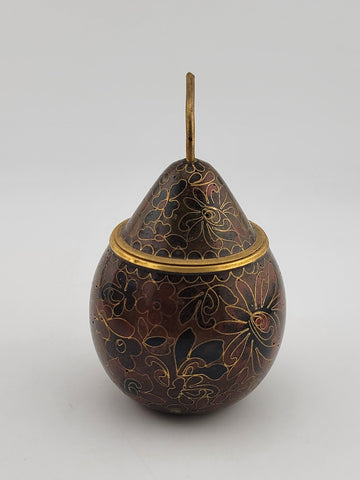 Vintage Cloisonné Enamel Brass Pear Shaped Trinket Box with Stem Floral Design
