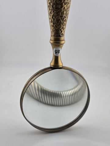 Vintage Mid Century Modern Brass Hand Held Magnify Glass W/ Ornate Handle.