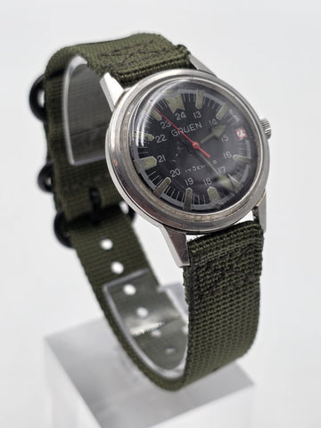 1950's Gruen 17 J Military Field Watch 24 Hour Dial Date Mechanical 35mm. Works.