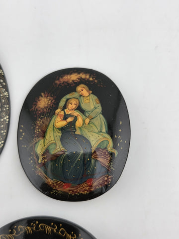 Rare Set Of 5 Vintage Hand Painted Brooch Pins Black Lacquer Russian Folk Art