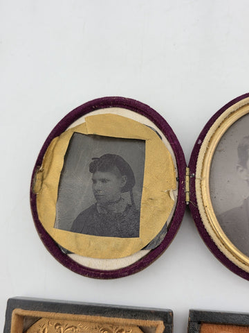 Pair Of Antique Ambrotype Portrait Lot Civil War Era Victorian Cases Gold Mat