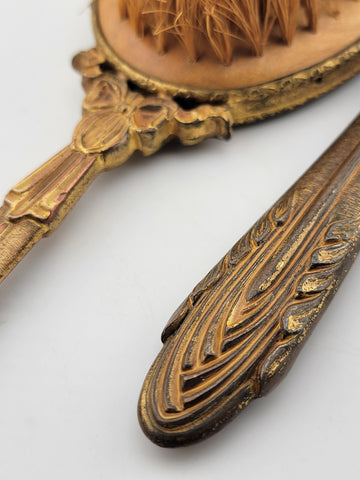 ANTIQUE 19th C Victorian 2-PIECE HANDHELD BRASS MIRROR & BRUSH SET Yellow Enamel