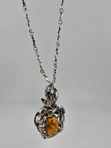 Antique Heavy Mid Century 925 Sterling Silver & Baltic Amber Pendant& Necklace.