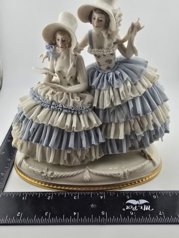 Antique Sitzendorf Dresden Lace Figurine 2 Victorian Ladies Germany Porcelain