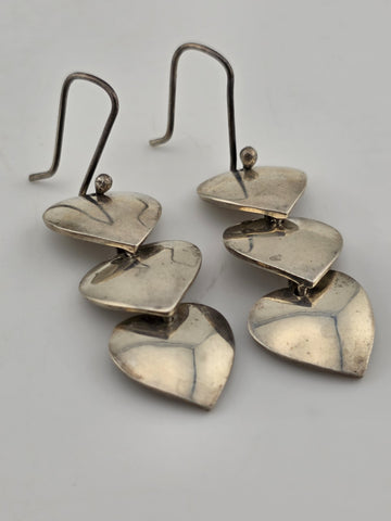 Rare Antique Taxco TR-60 Mexico Sterling Silver Triple Heart Earrings