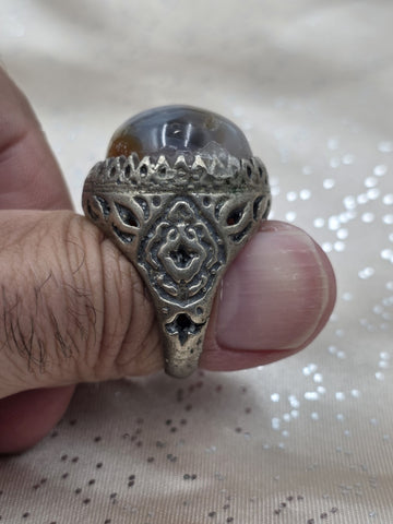Antique Persian Islamic Silver Agate Men's Ring Ornate Middle Eastern Size 9