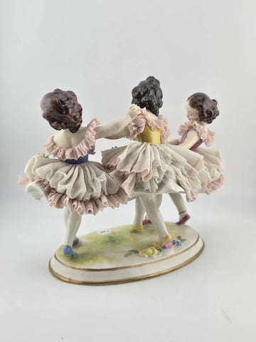19th C Volkstedt Dresden Lace Porcelain Figurine Trio Ballerina Dancers Germany