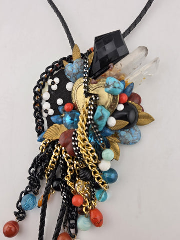 Vintage Large Boho Statement Bolo Necklace Brooch Turquoise Tassel Mixed Media