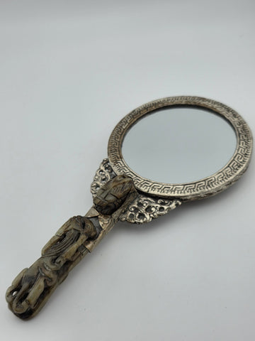 Rare Antique Chinese Ornate Jade and Silver  Carved Dragon Hand Mirror
