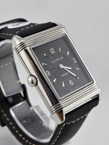 Vtg German Made Jean Muller Reverso Mechanical Dual Dial Flip Case Watch. Runs.