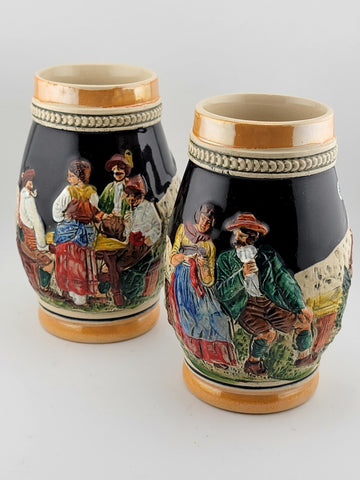Lot Of 2 Vintage Hand Painted Ceramic West German Beer Stein. Bavaria Scene.