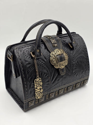 American West Brown Tooled Structured Leather Doctor Style Satchel Shoulder Bag