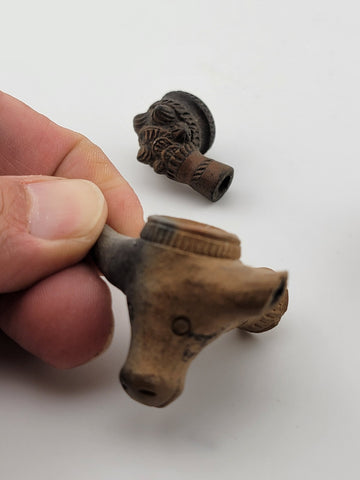 Rare Antique 19th C Bull Head Smoking Terracotta Clay Pipe W 2 Extra Pipes.