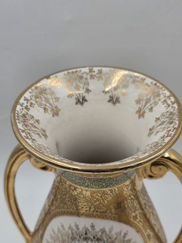Pair Vintage Le Mieux 24 Karat Gold Handled Vases Victorian Scene Ladies Cherubs